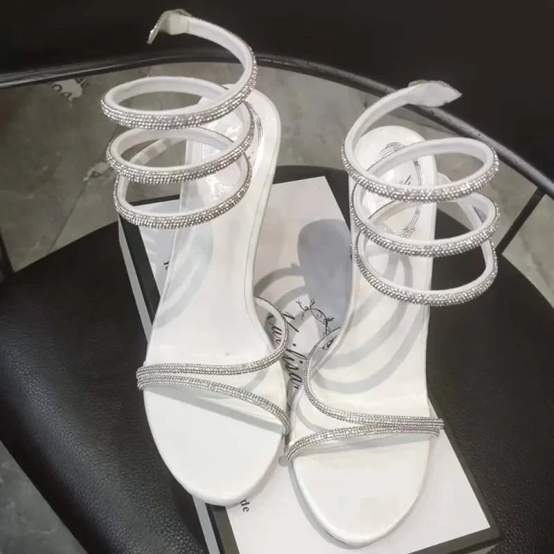 Aneikeh Star Style Luxury Crystal Snake Coiled Ankle Strap Lady Gladiator Sandals Sexy Stiletto High Heel Summer Party Prom Shoe