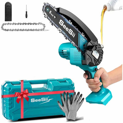 SEESII 6'' Cordless Mini Chainsaw 15.2cm Electric Saw Rechargeable Woodworking Garden Pruning Saw for Makita 18V Battery Pin