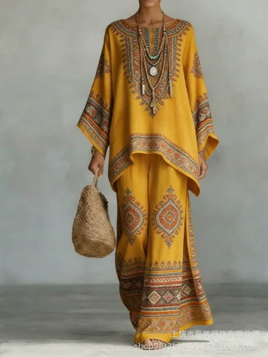 Boho Two Piece Set Summer Women's Loose Patchwork Wide Leg Pants Set Fashion O Neck Pullover Top 2-piece Set Outfit Streetwear
