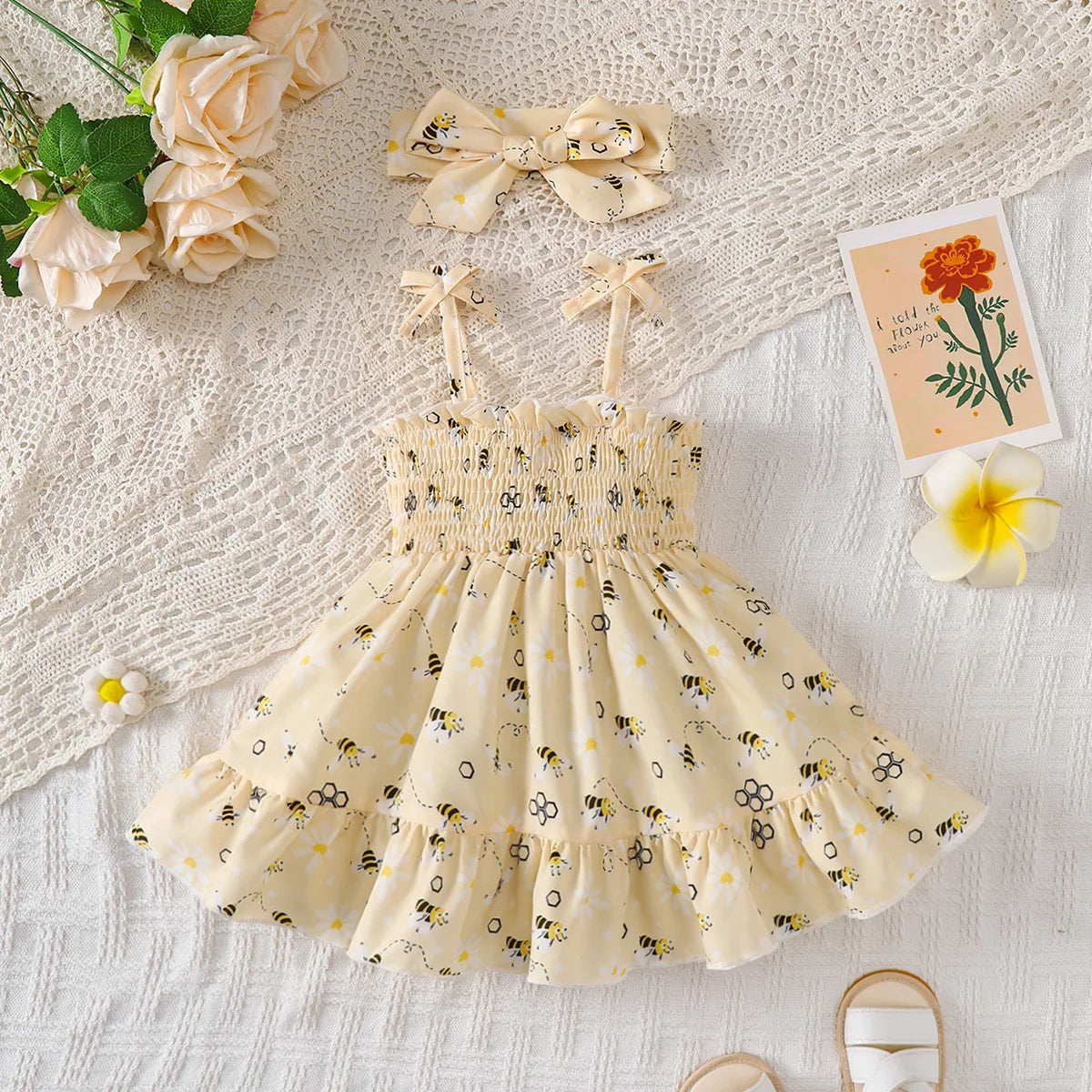 Baby girl Summer Dress Cute Little bee Ruffled Suspender Dress and Headband 2-piece Set for 0-3 Year old Baby girl Casual Dress