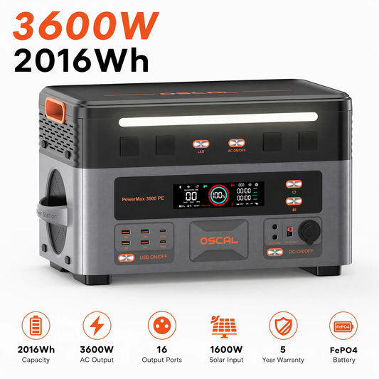 OSCAL 3600W Portable Power Station PowerMax 3600PE, 2016Wh Solar Generator,1500W AC Charging & 1600W Solar Charging, LiFePO4 Battery Power Station for Home Use, Power Outage, RV, Emergencies