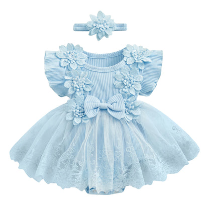 Baby Girls' Floral Romper & Headband Set | Ruffle Details & Mesh Skirt | Birthdays, Portraits & Celebrations