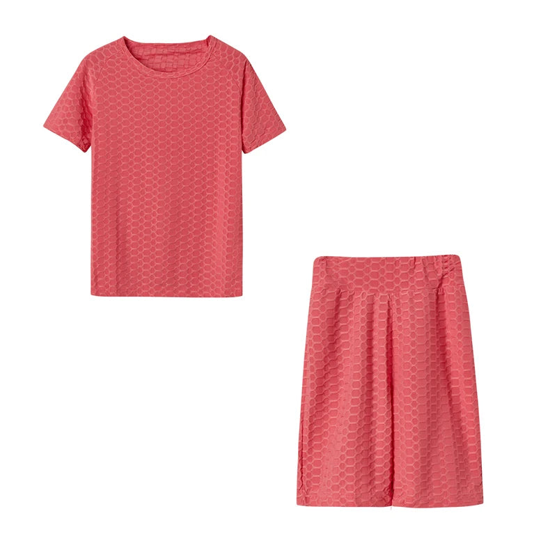 2024 New Summer Round-neck Solid Color Short-sleeved Two-piece Yoga Shorts Women's Sports Suit
