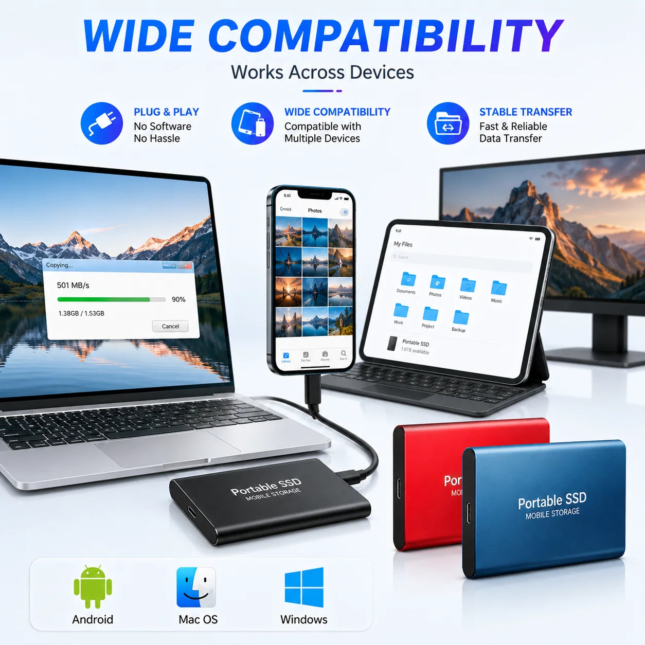 Space Efficient External Hard Drive 2TB Portable Mobile Hard Disk for Family Daily Photo Saveing PC Laptop