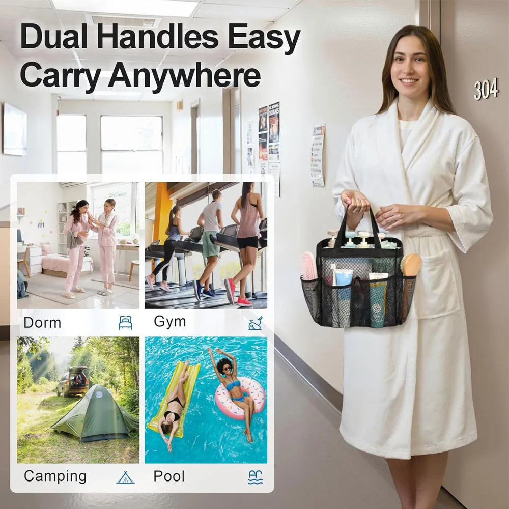 Mesh Shower Caddy Portable for College Dorm Room Essentials 8 Pockets 2 Handles Quick Dry Shower Bag for Travel BathroomHanging