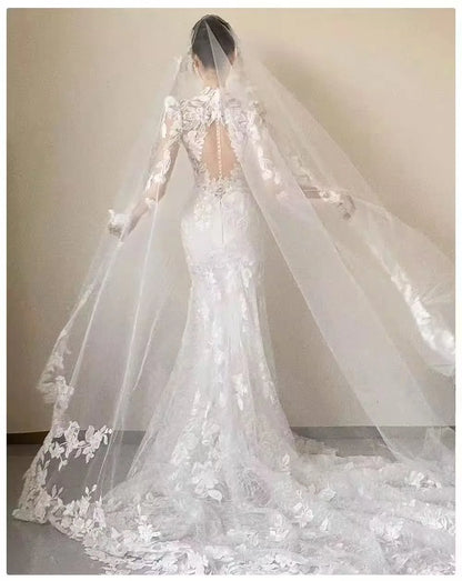 Customized Romantic Appliques Mermaid Wedding Dress Long Sleeves V-neck Backless Bridal Dresses Wedding Party Dress No veil