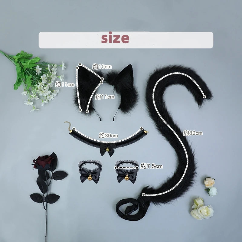 5PCS Sexy Simulation Animal Ear Lovely Tail Set Lace Hand Bell Neck Bell In Stock Plush Cosplay Props Headwear Hair Accessories