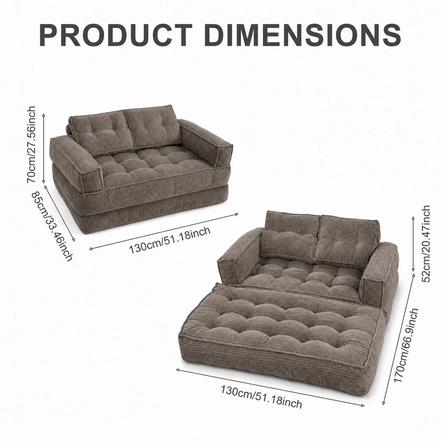 51" 2-Seater Modular Corduroy Sofa with Chaise, 2-in-1 Boneless Convertible Floor Couch, Lazy Double Sofa with Armrest for Living Room, Black