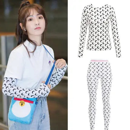 Sweet Two Piece Set Women American Retro Layered Outfit Long Sleeve Moon Print Top Ice Silk Pants Sexy Casual Autumn Fashion