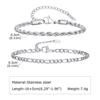 1/2/3pcs Chain Bracelet for, Stainless Steel Twisted Rope Cuban Chain