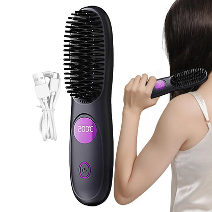 Hair Straightener Brush 3 Level Cordless USB Charging Straightener Portable Mini Straightening Brush for Home Travel