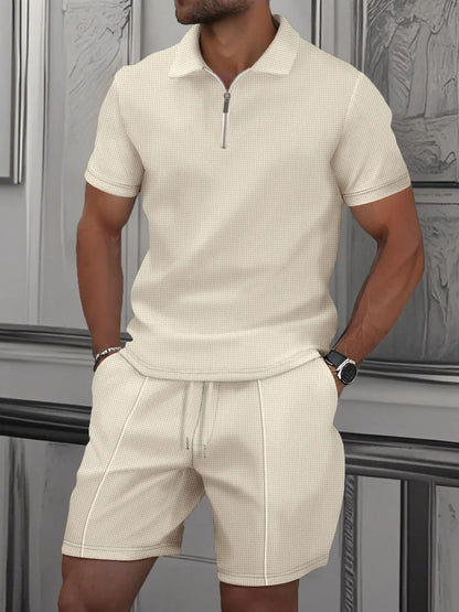 Men's Summer Waffle Short-Sleeve Suit Shorts Zip-Up Lapel Solid Color Two Sets Europe And US Style 2026