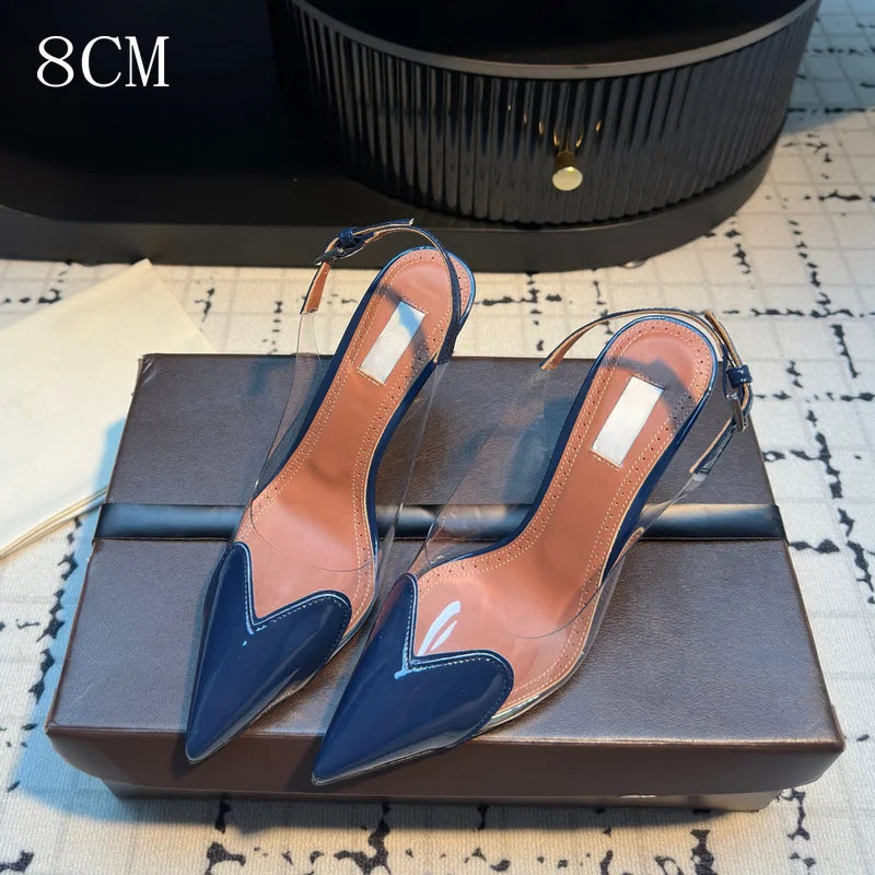 Women's Heart Clear Heeled Sandals Pointed Toe Transparent Slingback Heels Buckle Strap Patent Leather Party Prom Dress Shoes