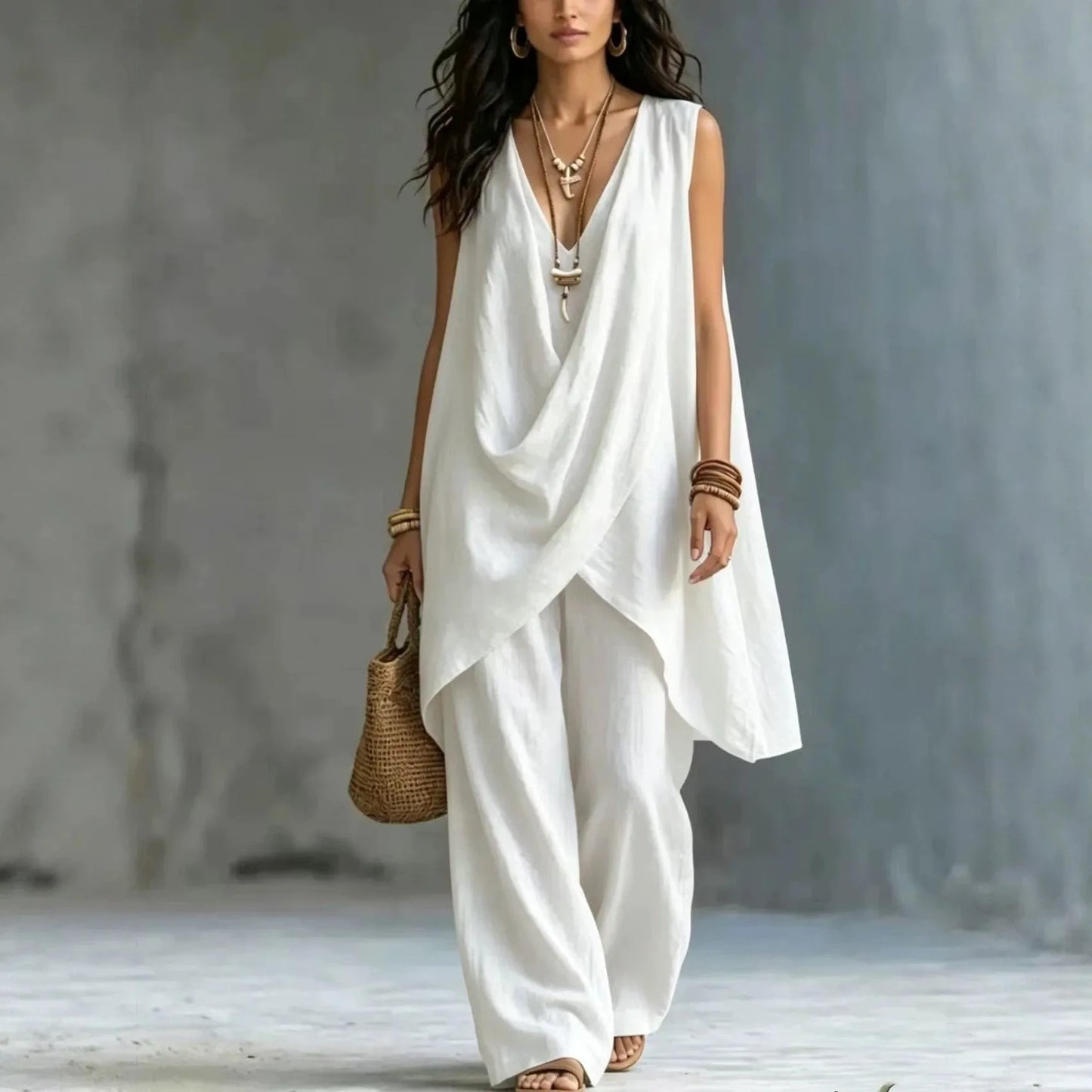 Women Holiday Blouse Pant Suits Summer Sexy V Neck Sleeveless Loose Asymmetrical Blouse Tops&Wide Leg Full Trouser Sets