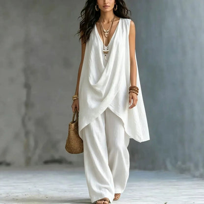 Women Holiday Blouse Pant Suits Summer Sexy V Neck Sleeveless Loose Asymmetrical Blouse Tops&Wide Leg Full Trouser Sets