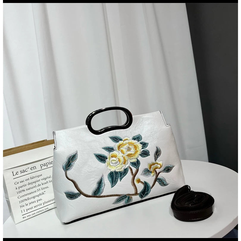 Elegant Women's Handbag Embroidered Peony Print Crossbody Bag Wear-Resistant Fashionable Daily Use Square Shape Zipper Closure