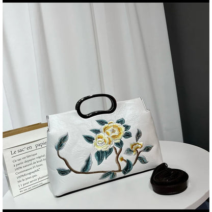 Elegant Women's Handbag Embroidered Peony Print Crossbody Bag Wear-Resistant Fashionable Daily Use Square Shape Zipper Closure