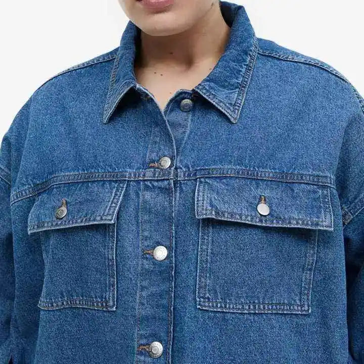 Women Long Length Denim Jacket Plus Size Eco-Friendly Woven Winter Coat Single Button Closure
