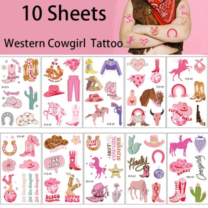 10 Sheets Western Cowgirl Theme Temporary Tattoos Cowboy Boot Hat Body Face Sticker Birthday Bachelorette Wedding Party Decor