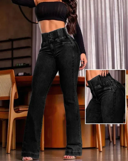 Y2K Autumn winter Jeans Elegant High Waist Button Front Casual Female Jeans Sexy  Fashion Back Shirred Trouser Bottom