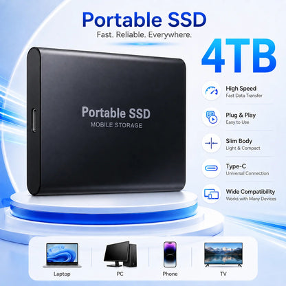 2TB External Hard Drive 4TB Portable SSD USB-C High-Speed Storage Disk for File Backup Compact & Durable