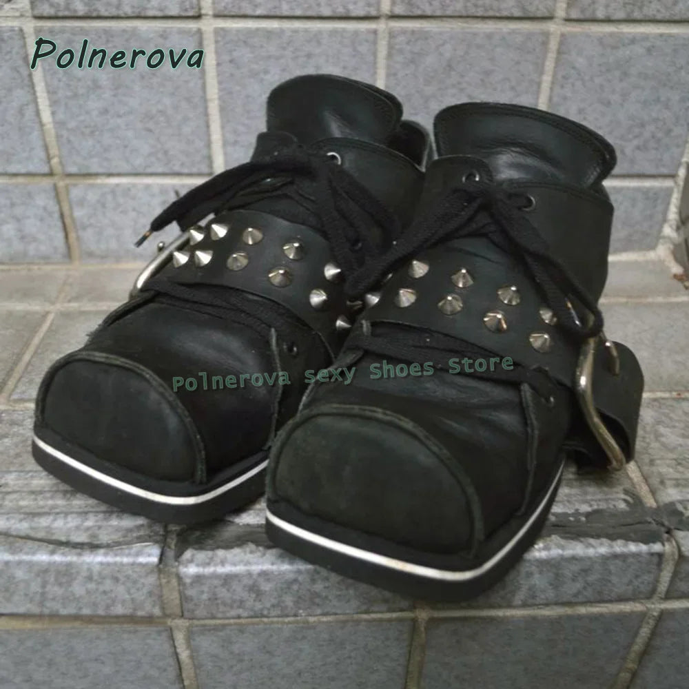 Black Rivet Belt Buckle Pumps 2026 Spring Summer New Arrivals Square Toe Thick Sole Lace Up Couple Pu Leather Shoes Casual Trend