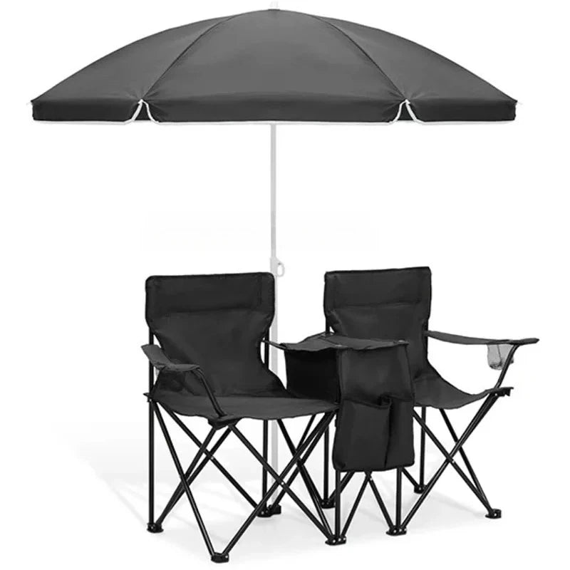 Foldable Double Sunshade Chair Wear Resistant Beach Camping Chair Fishing Casual Chair With Umbrella Cup Holder Refrigerated Bag