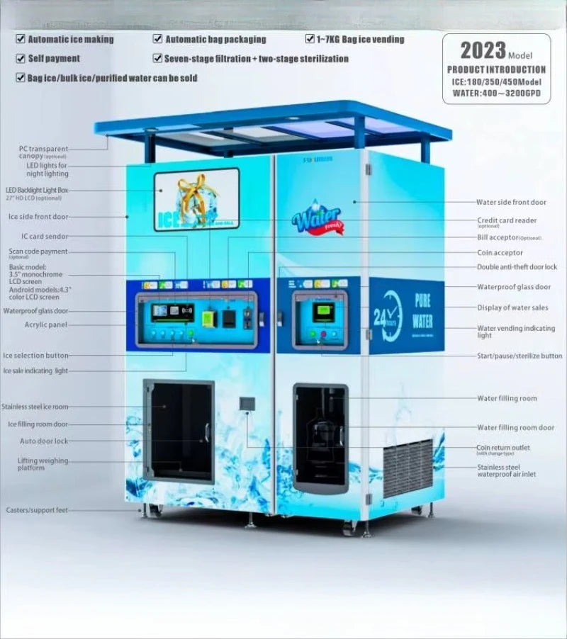 Customized Commercial Self Service Water and Ice Vending Machine with Credit Card Ice Vending Machine for Business
