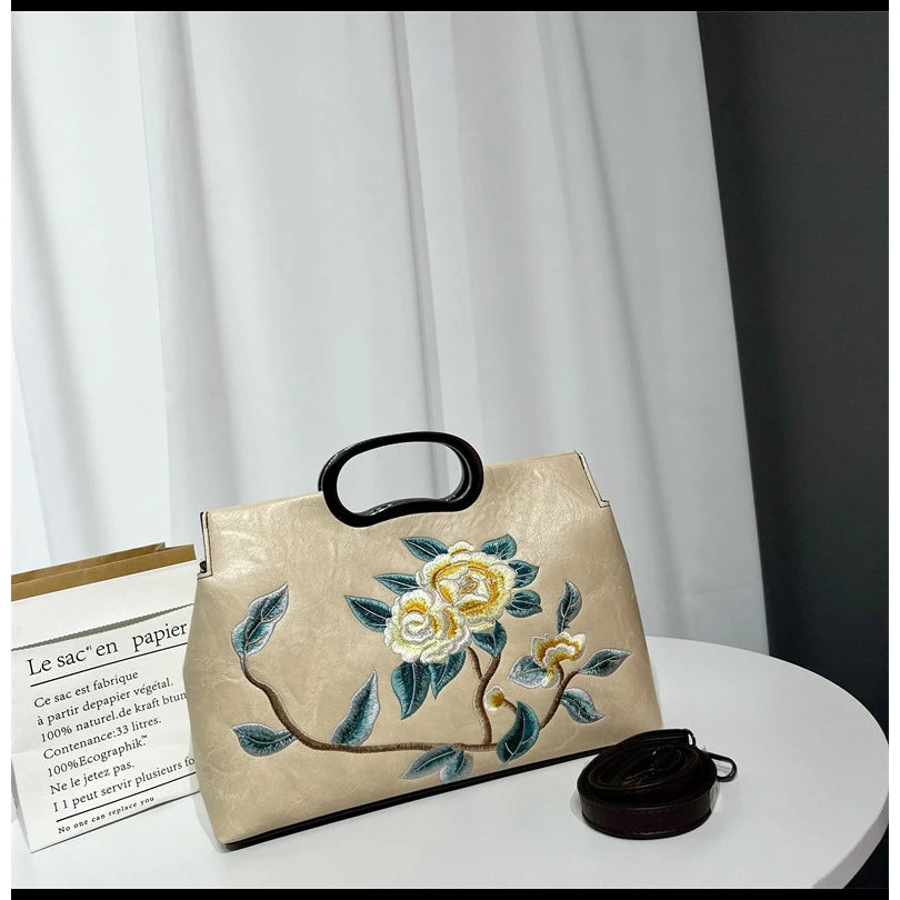 Elegant Women's Handbag Embroidered Peony Print Crossbody Bag Wear-Resistant Fashionable Daily Use Square Shape Zipper Closure