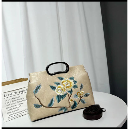 Elegant Women's Handbag Embroidered Peony Print Crossbody Bag Wear-Resistant Fashionable Daily Use Square Shape Zipper Closure
