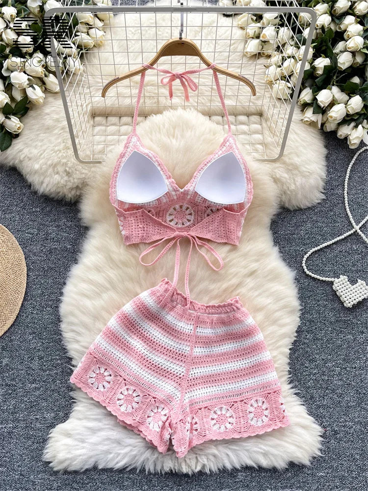 SINGREINY Beach Vacation Knit 2pcs Suits Women Halter Sleeveless Lace Up Camis+Elastic Waist Shorts Hook Flower Hollow 2pcs Set