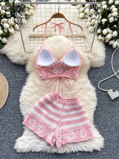 SINGREINY Beach Vacation Knit 2pcs Suits Women Halter Sleeveless Lace Up Camis+Elastic Waist Shorts Hook Flower Hollow 2pcs Set