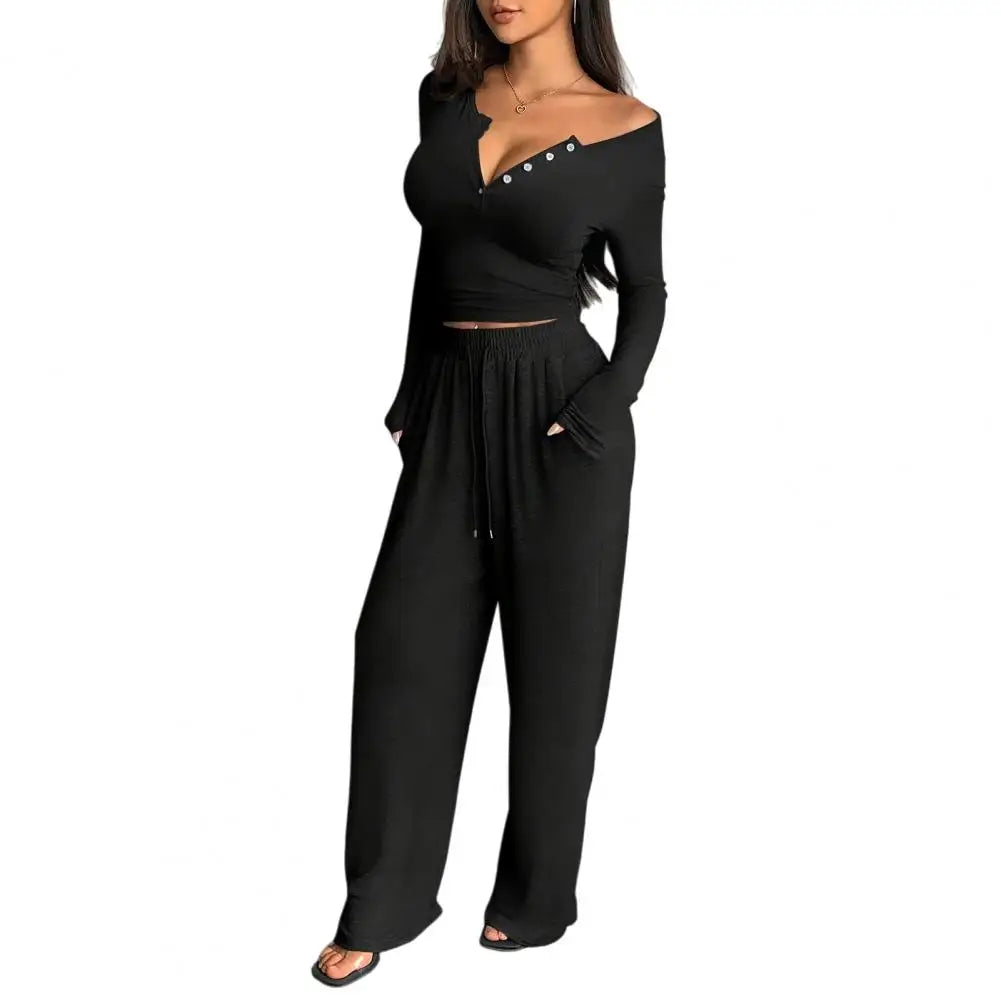 Button Up Crop Top & Wide Leg Pants Set, Women's Long Sleeve Matching