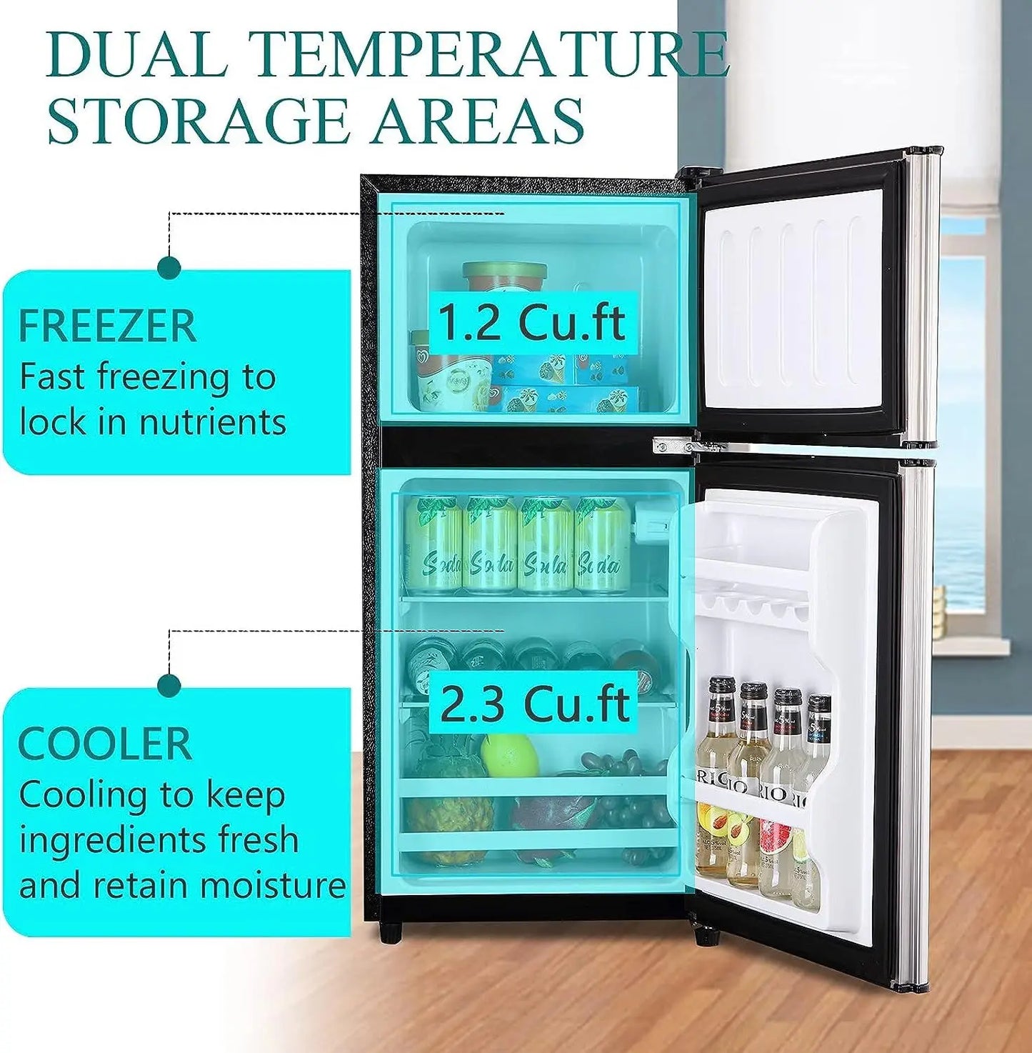 3.5Cu.Ft Compact Refrigerator Mini Fridge with Freezer, Small Compact Refrigerator with 2 Door, 7 Level Thermostat Removable Shelves for Kitchen, Dorm, Apartment, Bar, Office, Silver