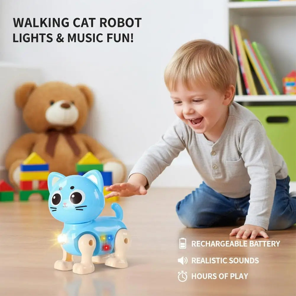 Electric Mechanical Cat Toy, Rechargeable Walking Robot Cat With Light Music& Simulated Sound Effects For Kids Children