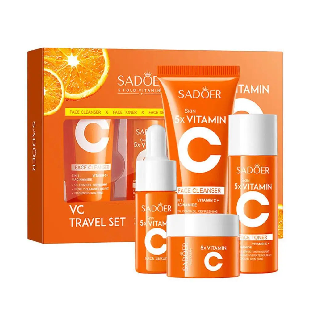 5pcs Vitamin C Skincare Set Travel Portable Face Cream Toner Cleanser and Serum Essence Moisturizing Refreshing Rejuvenate New