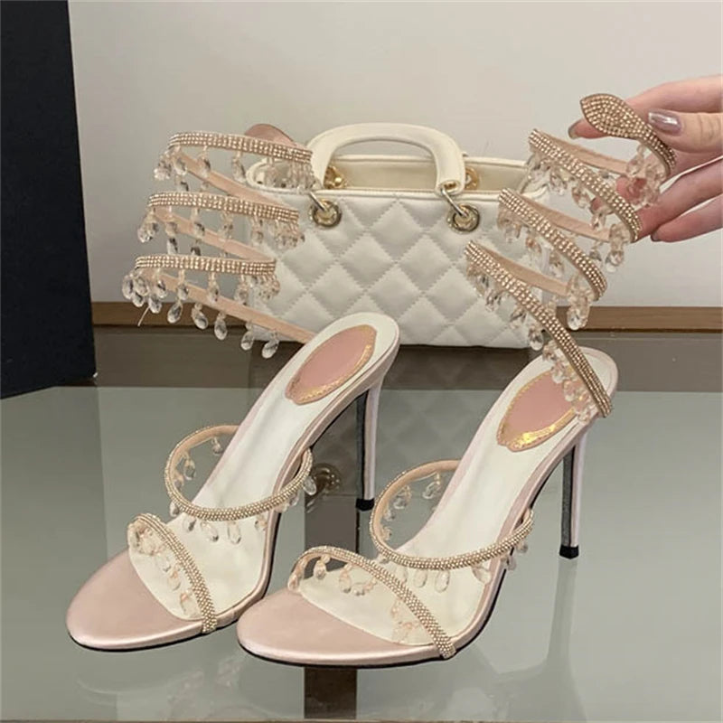 Eilyken Sexy Design Pendant Crystal Diamond Thin High Heels Women Sandals Street Style Ankle Strap Banquet Prom Shoes