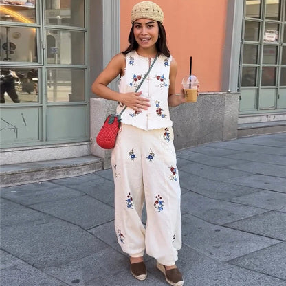 Casual Print Top Pants Women Set Elegant O-Neck Sleeveless Button Vest