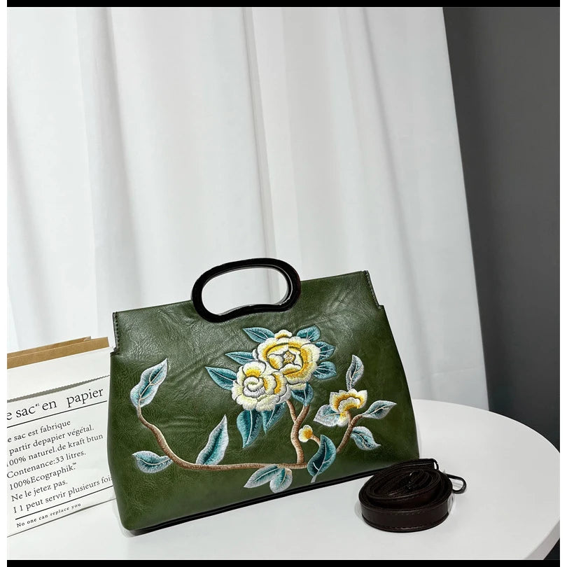Elegant Women's Handbag Embroidered Peony Print Crossbody Bag Wear-Resistant Fashionable Daily Use Square Shape Zipper Closure