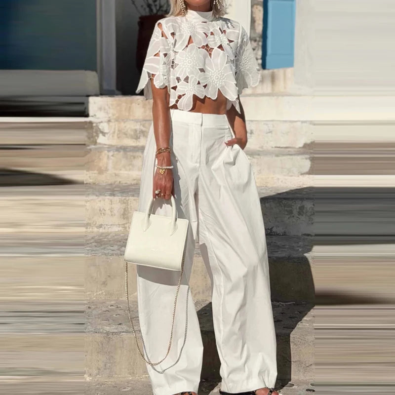 White Lace High Waist Women Outfit Casual Loose Beach 2 Piece Set Summer O Neck Short Sleeve Top and Wide Leg Pants Holiday Suit