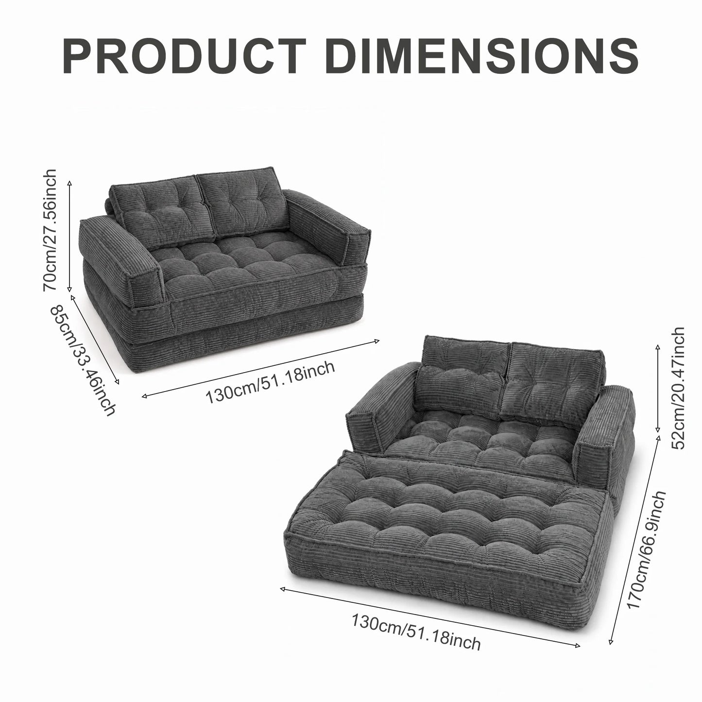 51" 2-Seater Modular Corduroy Sofa with Chaise, 2-in-1 Boneless Convertible Floor Couch, Lazy Double Sofa with Armrest for Living Room, Black