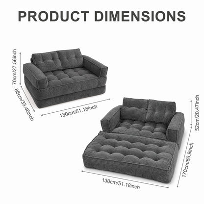 51" 2-Seater Modular Corduroy Sofa with Chaise, 2-in-1 Boneless Convertible Floor Couch, Lazy Double Sofa with Armrest for Living Room, Black