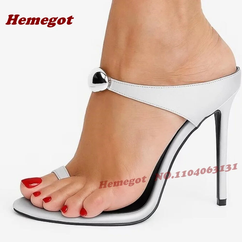 Burgundy Metal Decoration Slippers Clip Toe One Strap Stiletto Women's Slippers Summer Solid Leather Patchwork High Heels Shoes