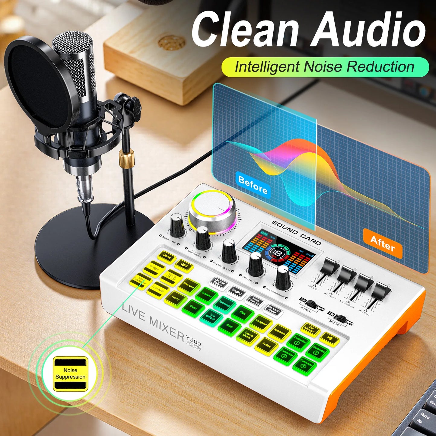 Tenlamp Y300-P15B Podcast Microphone Bundle with Live Sound Card Audio Mixer, 3.5mm Condenser Mic for PC Smartphone Gaming Streaming Singing YouTube Vlog Studio Recording