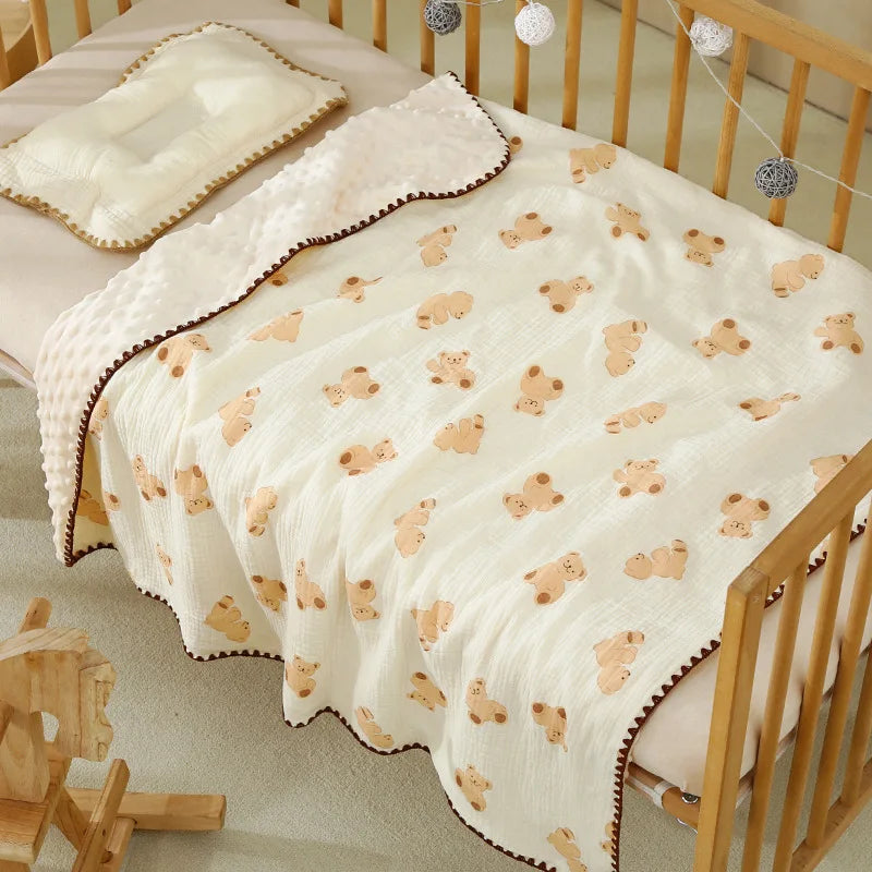 Newborn Bear Print Blanket Pure Cotton Double Gauze Blanket Baby Blanket Bath Towel Baby Blanket Baby Swaddle 100X100CM