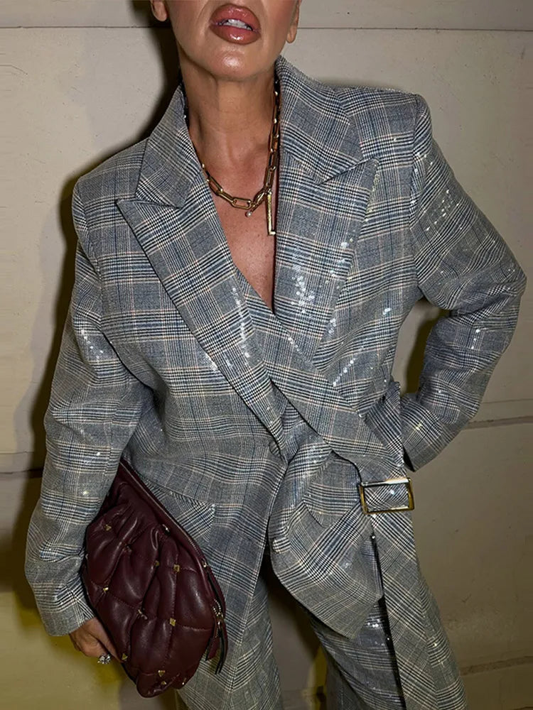 Elegant Sequin Stripe Lapel Neck Top Pant Sets Women Fashion Single Breasted Shine Ribbon Coat Leg Loose Pants Set Female Sets