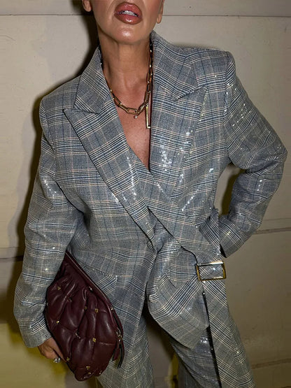 Elegant Sequin Stripe Lapel Neck Top Pant Sets Women Fashion Single Breasted Shine Ribbon Coat Leg Loose Pants Set Female Sets