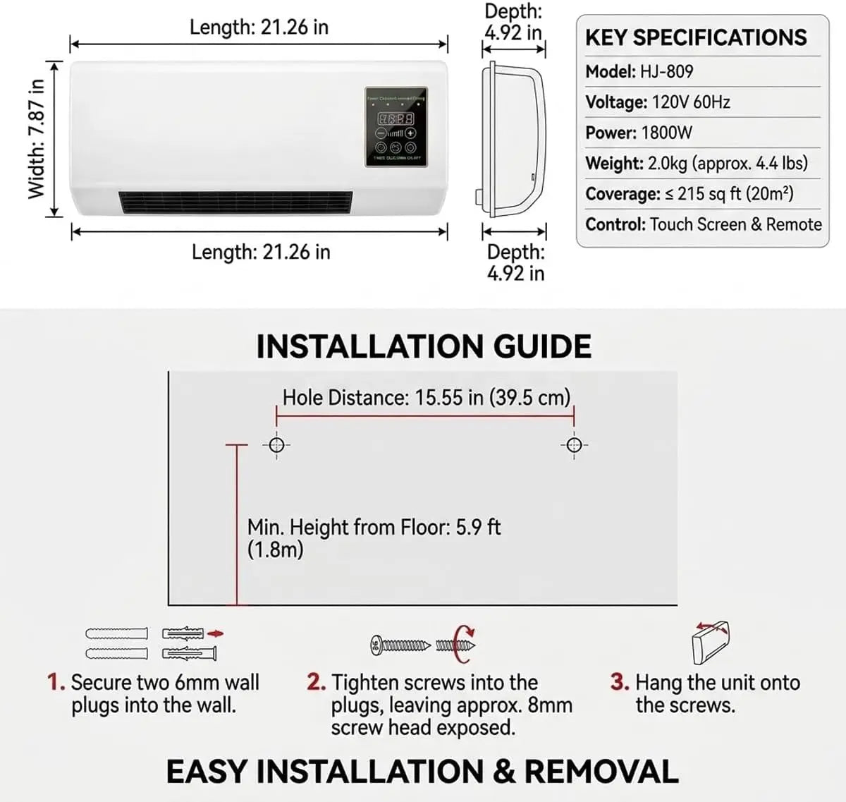 Wall Mounted Air Conditioner Fan, 2-in-1 Heater and Cooling Combo, 1800W PTC Space Heater Combo Unit with Remote 8H Timer, Quiet Ductless Smart Airflow for Bathroom Office(White)