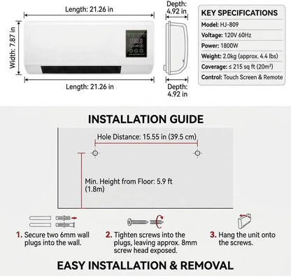 Wall Mounted Air Conditioner Fan, 2-in-1 Heater and Cooling Combo, 1800W PTC Space Heater Combo Unit with Remote 8H Timer, Quiet Ductless Smart Airflow for Bathroom Office(White)