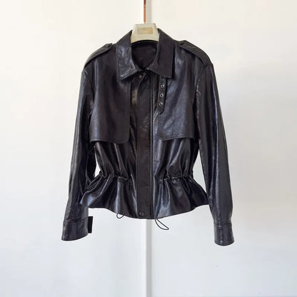 High Quality Chic Ladies Genuine Leather Short Jacket Zipper Turndown Collar Women Retro Oil Wax Sheepskin Jackets Casual Coat
